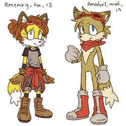 Size: 576x576 | Tagged: safe, artist:nannelflannel, amadeus prower, rosemary prower, fox, wolf, aged down, bandana, boots, clenched fists, duo, female, goggles, male, redesign, simple background, smile, species swap, standing, white background