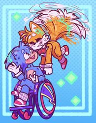 Size: 540x691 | Tagged: safe, artist:verminguy, miles "tails" prower, sonic the hedgehog, fox, hedgehog, abstract background, blushing, clenched teeth, disabled, duo, eyes closed, flying, gloves, goggles around neck, gradient background, holding something, looking at them, male, males only, mouth open, nuzzle, shoes, socks, sparkles, spinning tails, top surgery scars, trans male, transgender, wheelchair