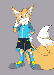 Size: 1920x2669 | Tagged: safe, artist:roxyjam101, skye prower, fox, boots, gloves, hand on hip, hand on own face, jacket, looking up, male, purple background, redesign, shorts, simple background, smile, solo, two tails
