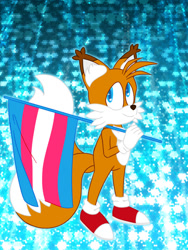 Size: 540x720 | Tagged: safe, artist:grieving-angel-hopeful-demon, miles "tails" prower, fox, abstract background, colored ears, flag, gloves, holding something, looking back, pride flag, shoes, smile, socks, solo, standing, trans pride, transgender