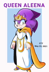 Size: 702x1024 | Tagged: safe, artist:cerberustheterrible, queen aleena, hedgehog, sonic underground, character name, crown, dress, english text, female, heels, looking at viewer, looking offscreen, smile, solo, standing