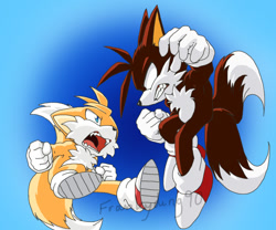 Size: 1200x1000 | Tagged: safe, artist:frankyding90, miles "tails" prower, fox, angry, chest fluff, clenched fists, clenched teeth, dark form, dark tails, duo, evil vs good, fight, flying, gloves, gradient background, looking at each other, male, males only, mid-air, mouth open, shoes, socks, spinning tails, this won't end well