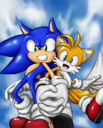 Size: 490x609 | Tagged: safe, artist:shoppaaaa, miles "tails" prower, sonic the hedgehog, fox, hedgehog, abstract background, clenched teeth, clouds, duo, gloves, holding hands, looking at viewer, male, males only, mouth open, shoes, smile, socks, standing