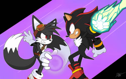 Size: 1280x802 | Tagged: safe, artist:blackburn789, miles "tails" prower, shadow the hedgehog, fox, hedgehog, fanfic:dark tails unleashed, abstract background, belt, chest fluff, clenched teeth, dark form, dark tails, duo, energy ball, evil vs good, fight, flying, gloves, goggles, goggles on head, looking at each other, male, males only, mid-air, red eyes, shoes, signature, socks, sonic boom (tv), this won't end well, v sign