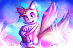 Size: 2600x1733 | Tagged: safe, artist:mynakle, miles "tails" prower, fox, abstract background, arms folded, chest fluff, gloves, limited palette, lineless, looking at viewer, male, mouth open, no outlines, shoes, sitting, smile, socks, solo