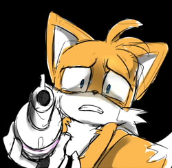 Size: 500x488 | Tagged: safe, artist:garugirosonicshadow, miles "tails" prower, fox, black background, chest fluff, gloves, gun, holding something, looking at viewer, male, sad, shrunken pupils, simple background, sketch, solo, standing, this will end in blood