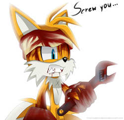 Size: 1500x1450 | Tagged: semi-grimdark, artist:vagabondwolves, miles "tails" prower, fox, bandage, bleeding, blood, clenched teeth, dialogue, english text, eye twitch, holding something, implied fight, looking offscreen, male, one eye closed, simple background, solo, standing, white background, wrench