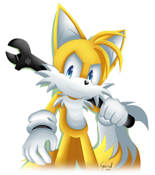 Size: 4418x5000 | Tagged: safe, artist:vagabondwolves, miles "tails" prower, fox, chest fluff, gloves, holding something, looking at viewer, male, signature, simple background, smile, solo, spanner, standing, transparent background