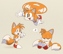 Size: 1280x1112 | Tagged: safe, artist:yellowhellion, miles "tails" prower, fox, arm up, beige background, classic tails, clenched fist, eyes closed, flying, gloves, looking at viewer, looking offscreen, male, mouth open, no mouth, posing, shoes, simple background, sitting, sketch page, sleeping, smiling, socks, solo, spinning tails, standing, zzz