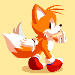 Size: 1000x1000 | Tagged: safe, artist:zoiby, miles "tails" prower, fox, arms out, chest fluff, classic tails, cute, gloves, lineless, looking back, male, pointing, shoes, simple background, smile, socks, solo, tailabetes, walking, yellow background