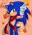 Size: 1000x1077 | Tagged: safe, artist:myly14, sonic the hedgehog, hedgehog, abstract background, autumn, blushing, gloves, leaf, looking at viewer, male, salute, scarf, signature, smile, solo, standing