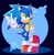 Size: 1221x1242 | Tagged: safe, artist:kaiiteaa, sonic the hedgehog, hedgehog, abstract background, gloves, hand on hip, lidded eyes, looking offscreen, male, outline, shoes, signature, smile, socks, solo, standing, v sign