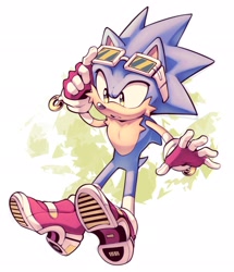 Size: 1764x2048 | Tagged: safe, artist:meanbeanzone, sonic the hedgehog, hedgehog, cheek fluff, chest fluff, gloves, looking down, male, mid-air, mouth open, redesign, ring, soap shoes, socks, solo, sunglasses