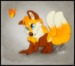Size: 2050x1792 | Tagged: safe, artist:flora-tea, miles "tails" prower, fox, abstract background, butterfly, colored ears, crouching, female, gender swap, looking at something, signature, solo
