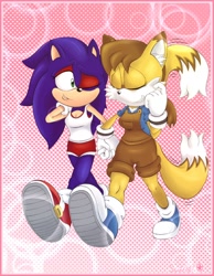 Size: 933x1200 | Tagged: safe, artist:scarletredstar9, miles "tails" prower, sonic the hedgehog, fox, hedgehog, 2021, abstract background, aged up, blue shoes, cleavage, clenched teeth, colored ears, duo, eyes closed, eyeshadow, female, looking at them, one eye closed, shorts, smile, tank top, trans female, trans girl sonic, trans girl tails, transgender, walking