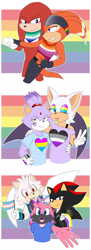 Size: 1700x4658 | Tagged: safe, artist:fire-for-battle, blaze the cat, knuckles the echidna, rouge the bat, shade the echidna, oc, oc:acon, oc:alina the hyena, oc:night the hedgehog, bat, cat, echidna, asexual pride, bow, crop top, eyeshadow, facepaint, fangs, flag, gloves, group, headcanon, holding something, holding them, lesbian pride, mlm pride, nonbinary, nonbinary pride, pansexual pride, pride, pride bandanna, pride flag, pride flag background, shirt, trans pride, transgender, v sign