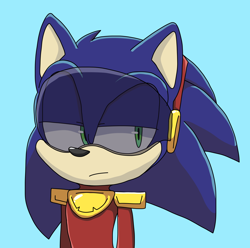 Size: 1852x1836 | Tagged: safe, artist:interstellarchaosss, zonic the zone cop, hedgehog, blue background, frown, lidded eyes, looking offscreen, male, simple background, solo, standing