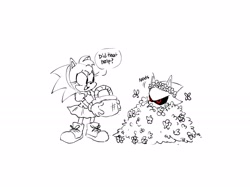 Size: 2048x1534 | Tagged: safe, artist:9474s0ul, amy rose, metal sonic, hedgehog, amy's schoolgirl outfit, amytal, black and white, dialogue, flowers, nodding, robot, shipping, simple background, white background