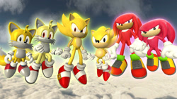 Size: 1280x720 | Tagged: safe, artist:songokussjgodssj, knuckles the echidna, miles "tails" prower, sonic the hedgehog, super knuckles, super sonic, super tails, echidna, fox, hedgehog, 3d, classic knuckles, classic sonic, classic tails, group, super form