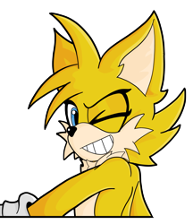 Size: 2993x3458 | Tagged: safe, artist:justsomeidiotonline, miles "tails" prower, fox, chest fluff, clenched teeth, ear fluff, gloves, icon, looking at viewer, male, redraw, simple background, solo, transparent background, wink