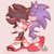 Size: 2583x2589 | Tagged: safe, artist:candycatstuffs, shadow the hedgehog, sonic the hedgehog, hedgehog, cute, duo, eyes closed, gay, gloves, hand on another's face, kiss on head, lidded eyes, looking down, male, males only, pink background, shadow x sonic, shipping, shoes, simple background, smile, socks, standing