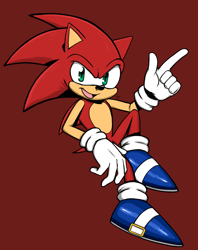 Size: 2718x3431 | Tagged: safe, artist:rumblebee7, sonic the hedgehog, hedgehog, blue shoes, color swap, gloves, looking at viewer, male, mouth open, pointing, red background, shoes, simple background, sitting, socks, solo