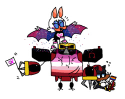 Size: 720x570 | Tagged: safe, artist:mossworm, e-123 omega, rouge the bat, shadow the hedgehog, bat, hedgehog, bisexual pride, confetti, eyes closed, female, flag, lesbian pride, lesbian symbol, looking offscreen, male, pride, pride flag, robot, simple background, sitting, standing, team dark, trio, white background