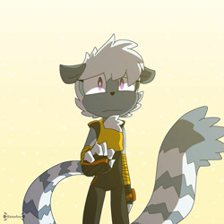Size: 1280x1280 | Tagged: safe, artist:kenofos, tangle the lemur, lemur, abstract background, chest fluff, female, fingerless gloves, floppy ears, frown, gradient background, looking ahead, reaching towards the viewer, sad, solo, standing