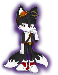 Size: 1000x1300 | Tagged: safe, artist:mica-doodles, miles "tails" prower, fox, fanfic:dark tails unleashed, alignment swap, angry, belt, dark form, dark tails, fanfiction art, frown, gloves, goggles, lidded eyes, looking offscreen, red eyes, shoes, simple background, socks, solo, sonic boom (tv), standing, transparent background