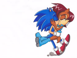 Size: 2827x2122 | Tagged: safe, artist:azumiangel, sally acorn, sonic the hedgehog, chipmunk, hedgehog, carrying them, duo, kiss, making out, shipping, simple background, sonally, straight, white background