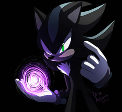 Size: 1024x938 | Tagged: safe, artist:ora-allagis, mephiles the dark, hedgehog, black background, chest fluff, energy ball, gloves, green eyes, looking at viewer, male, no mouth, pointing, signature, simple background, solo, standing