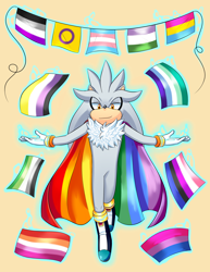 Size: 1500x1948 | Tagged: safe, artist:fire-for-battle, silver the hedgehog, hedgehog, arms out, aromantic pride, asexual pride, bisexual pride, boots, cape, chest fluff, featured image, flying, genderfluid pride, genderqueer pride, gloves, intersex pride, lesbian pride, lidded eyes, looking at viewer, male, mid-air, mlm pride, neck fluff, nonbinary pride, pansexual pride, pride, pride cape, pride flag, simple background, smile, solo, telekinesis, trans pride, yellow background