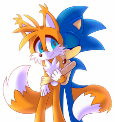 Size: 1024x1083 | Tagged: safe, artist:crazygreenfluff, miles "tails" prower, sonic the hedgehog, fox, hedgehog, chest fluff, cute, deviantart watermark, duo, ear fluff, eyes closed, gay, gloves off, holding another's arm, hugging from behind, looking at them, male, males only, shipping, simple background, smile, sonabetes, sonic x tails, standing, tailabetes, watermark, white background