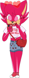 Size: 577x1515 | Tagged: safe, artist:matttheenby, oc, oc:maria "cherry bomb" rose, hedgehog, badge, bag, bracelet, crop top, cute, earring, fankid, female, hair pin, holding something, lesbian, lollipop, looking at something, mouth open, oc only, parent:amy, parent:shadow, parents:shadamy, phone, pink eyes, pink fur, red shoes, shoes, shorts, simple background, solo, standing, sunglasses, trans female, transgender, transparent background