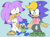 Size: 1381x1033 | Tagged: safe, artist:cherucat, bernadette hedgehog, queen aleena, sonic the hedgehog, hedgehog, sonic underground, aleenabetes, aleenadette, alternate outfit, bernabetes, blue background, child, crack shipping, cute, eyes closed, female, holding hands, lesbian, lesbian symbol, looking at them, magical lesbian spawn, male, mother and son, mouth open, pawpads, shipping, simple background, smile, sonabetes, trio, walking