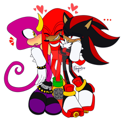Size: 1024x1024 | Tagged: safe, artist:tobytots, espio the chameleon, knuckles the echidna, shadow the hedgehog, echidna, hedgehog, lizard, ..., blushing, chameleon, chest fluff, cute, deviantart watermark, espibetes, eyes closed, gay, heart, holding them, knucklebetes, knuxadespio, knuxadow, knuxio, looking at them, male, males only, polyamory, shadabetes, shipping, signature, simple background, smile, standing, transparent background, trio, watermark