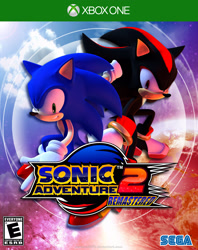 Size: 1517x1912 | Tagged: safe, artist:mateus2014, shadow the hedgehog, sonic the hedgehog, hedgehog, sonic adventure 2, 3d, abstract background, box art, clenched teeth, duo, frown, gloves, looking at viewer, male, males only, remake, remastered, sega logo, shoes, smile, xbox one