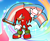 Size: 561x463 | Tagged: safe, artist:usbfig, knuckles the echidna, echidna, abstract background, clenched fist, clenched teeth, gloves, gradient background, holding something, looking offscreen, male, pride flag, shoes, solo, standing, top surgery scars, trans male, trans pride, transgender