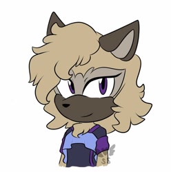 Size: 1014x1024 | Tagged: safe, artist:firesky330, oc, oc:collette the lemur wolf, hybrid, lemur, wolf, beige fur, bisexual, brown fur, colored ears, fankid, female, lemolf, looking at viewer, magical lesbian spawn, parent:tangle, parent:whisper, parents:whispangle, purple eyes, shirt, simple background, smile, solo, standing, white background