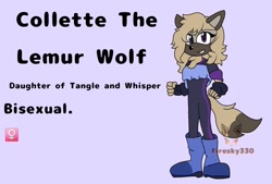 Size: 1024x694 | Tagged: safe, artist:firesky330, oc, oc:collette the lemur wolf, hybrid, lemur, wolf, beige fur, bisexual, bodysuit, boots, brown fur, brown tipped tail, character name, clenched fists, clenched teeth, colored ears, english text, fankid, female, fingerless gloves, lemolf, looking at viewer, magical lesbian spawn, neck fluff, parent:tangle, parent:whisper, parents:whispangle, purple background, purple eyes, simple background, smile, solo, standing