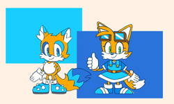 Size: 2000x1200 | Tagged: safe, artist:pkrockinon, oc, fox, hybrid, abstract background, blue eyes, blue tipped tail, chest fluff, child, colored ears, cute, dress, duo, ear fluff, fankid, female, gloves, goggles, green eyes, hand behind back, hedgefox, looking at viewer, magical gay spawn, male, oc only, parent:sonic, parent:tails, parents:sontails, shoes, smile, socks, thumbs up, unnamed oc