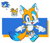 Size: 1660x1440 | Tagged: safe, artist:pkrockinon, miles "tails" prower, sonic the hedgehog, oc, fox, hedgehog, hybrid, abstract background, arms out, blue eyes, blue shoes, blue tipped tail, chest fluff, child, colored ears, cute, fankid, gloves, hedgefox, looking at viewer, magical gay spawn, male, mouth open, parent:sonic, parent:tails, parents:sontails, shipping, shoes, socks, sonic x tails, trio, unnamed oc, yellow fur