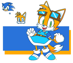 Size: 1660x1440 | Tagged: safe, artist:pkrockinon, miles "tails" prower, sonic the hedgehog, oc, fox, hedgehog, hybrid, abstract background, child, clenched fists, cute, dress, eyelashes, fankid, female, gloves, goggles, green eyes, hedgefox, looking at viewer, magical gay spawn, male, mouth open, parent:sonic, parent:tails, parents:sontails, shipping, shoes, socks, sonic x tails, standing, trio, unnamed oc