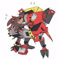 Size: 2046x2048 | Tagged: safe, artist:omega_sez, e-123 omega, shadow the hedgehog, hedgehog, blushing, cute, duo, eyes closed, gay, gloves, holding each other, kiss, male, males only, omegabetes, omegadow, robot, shadabetes, shipping, shoes, simple background, standing, white background