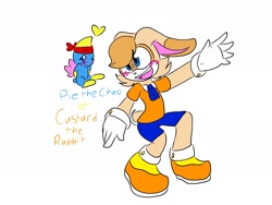 Size: 2048x1536 | Tagged: safe, artist:sparklegirl13, cheese (chao), cream the rabbit, chao, rabbit, blushing, character name, cheeseabetes, child, creamabetes, cute, duo, english text, eyelashes, female, flying, gender swap, gloves, headscarf, looking at viewer, looking offscreen, male, mouth open, neutral chao, redesign, shirt, shoes, shorts, simple background, smile, socks, white background, wink