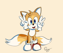 Size: 1024x854 | Tagged: safe, artist:darkniu, miles "tails" prower, fox, child, cream background, cute, double v sign, gloves, looking at viewer, male, mouth open, redraw, shadow the hedgehog (video game), shoes, signature, simple background, smile, socks, solo, standing, tailabetes