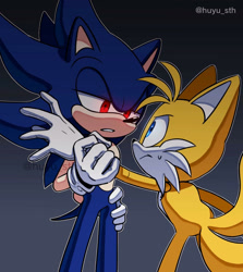 Size: 1280x1436 | Tagged: safe, artist:huyusth, miles "tails" prower, sonic the hedgehog, fox, hedgehog, alignment swap, angry, clenched teeth, dark form, dark sonic, duo, frown, gloves, glowing eyes, gradient background, hand on hip, holding another's arm, lidded eyes, looking at each other, male, males only, outline, red eyes, standing, sweatdrop, this won't end well