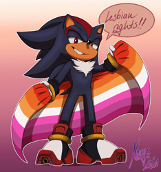 Size: 1500x1600 | Tagged: safe, artist:nowykowski, shadow the hedgehog, hedgehog, chest fluff, clenched teeth, dialogue, english text, gloves, gradient background, holding something, lesbian pride, lidded eyes, looking at viewer, male, outline, pride, pride flag, shoes, signature, smile, solo, standing