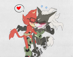 Size: 1024x793 | Tagged: safe, artist:hhuniii, gadget the wolf, infinite the jackal, jackal, wolf, belt, blushing, duo, eyes closed, gay, glasses, gloves, grey background, heart, hugging, male, males only, mouth open, one fang, rookinite, shipping, shoes, simple background, smile, standing, standing on one leg, surprise hug