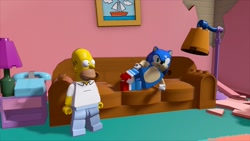 Size: 1920x1080 | Tagged: safe, sonic the hedgehog, hedgehog, human, 3d, crossover, duo, homer simpson, lego, lego dimensions, official artwork, screenshot, the simpsons